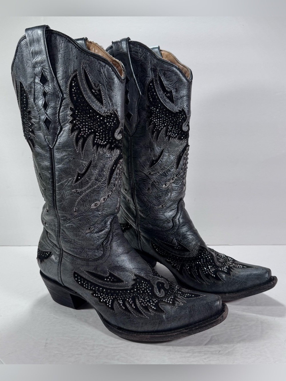 Corral Vintage Rising Phoenix Metallic Black Leather Studded Rhinestone Boot 7.5